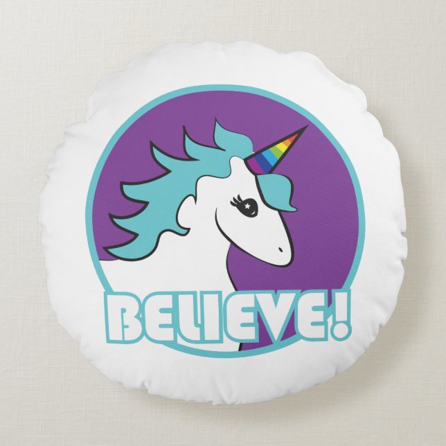 Unicorn "BELIEVE!" Round Pillow (Front)