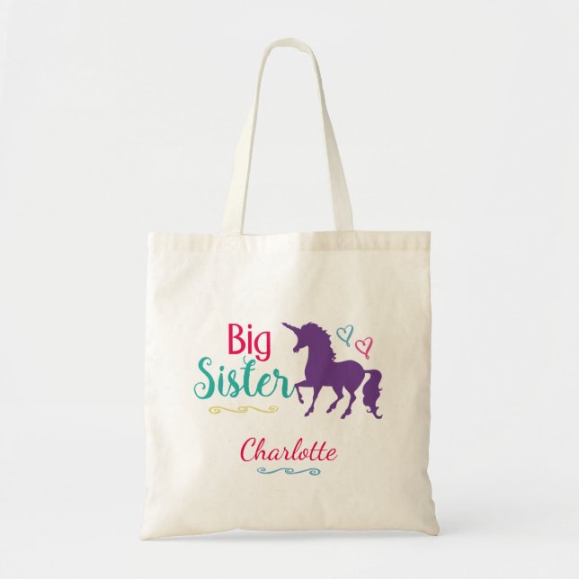 Unicorn Big Sister Colourful Sibling Personalized Tote Bag (Front)