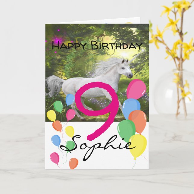 Unicorn Birthday Card For 9 Year Old Girl (Yellow Flower)