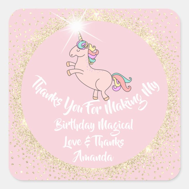 Unicorn Birthday Confetti Pink Thanks Gold Spark Square Sticker (Front)