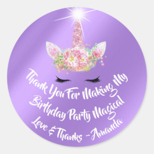 Unicorn Birthday Favour Pink Spark Gold Floral Las Classic Round Sticker