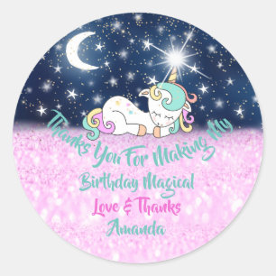 Unicorn Birthday Favour Pink Thanks Stars Magic Classic Round Sticker