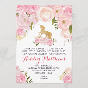 Unicorn birthday FIRST Floral Invitation, Invitation