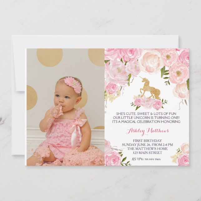 Unicorn birthday  FIRST Floral Invitation, Invitation (Front)
