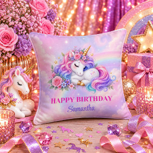 Unicorn Birthday Girl Colourful Pastel Throw Pillo Pillow