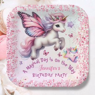 Unicorn Birthday Girl Pink Purple Glitter Paper Plate