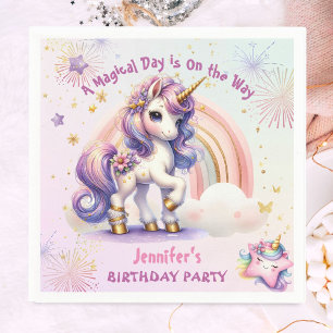 Unicorn Birthday Girl Purple Gold Rainbow Paper Napkin