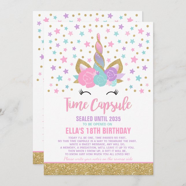 Unicorn Birthday Guestbook Time Capsule With Notes Invitation (Front/Back)