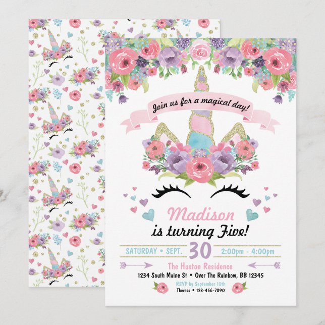 Unicorn Birthday Invitation (Front/Back)