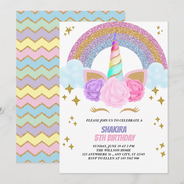 Unicorn Birthday  Invitation (Front/Back)
