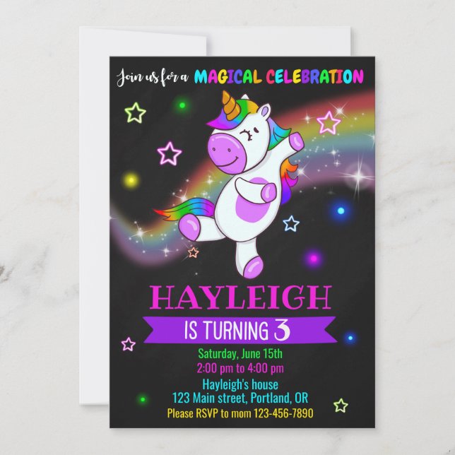 Unicorn birthday invitation 1st magic party invite (Front)