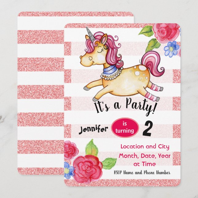 Unicorn Birthday Invitation Editable Card Pink (Front/Back)