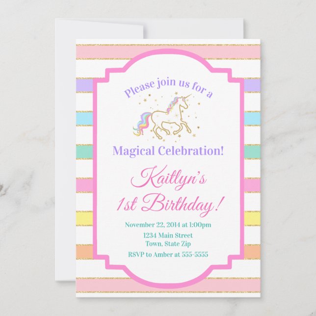 Unicorn Birthday Invitation Girl Glitter Gold (Front)