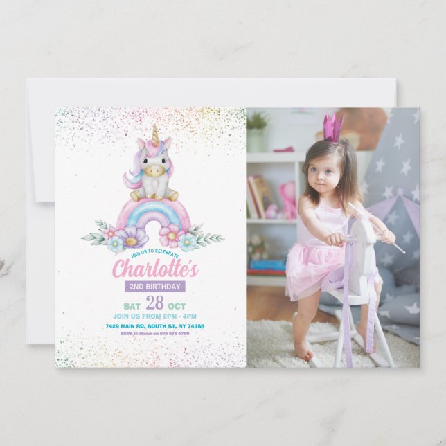 Unicorn Birthday Invitation Girl Rainbow Parties s (Devant)