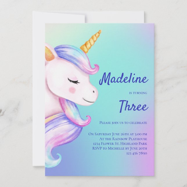 Unicorn Birthday Invitation Girls Pastel Rainbow (Front)