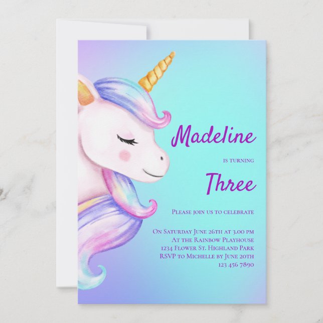 Unicorn Birthday Invitation Girls Pastel Rainbow (Front)