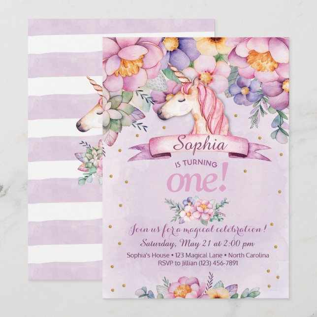 Unicorn Birthday Invitation Magical Floral Invite (Front/Back)