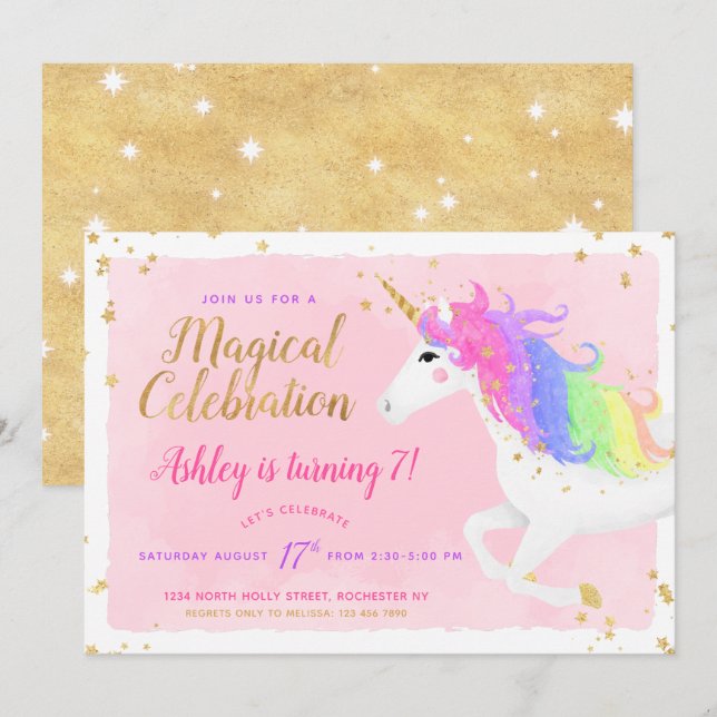 Unicorn Birthday Invitation | Magical Pink & Gold (Front/Back)