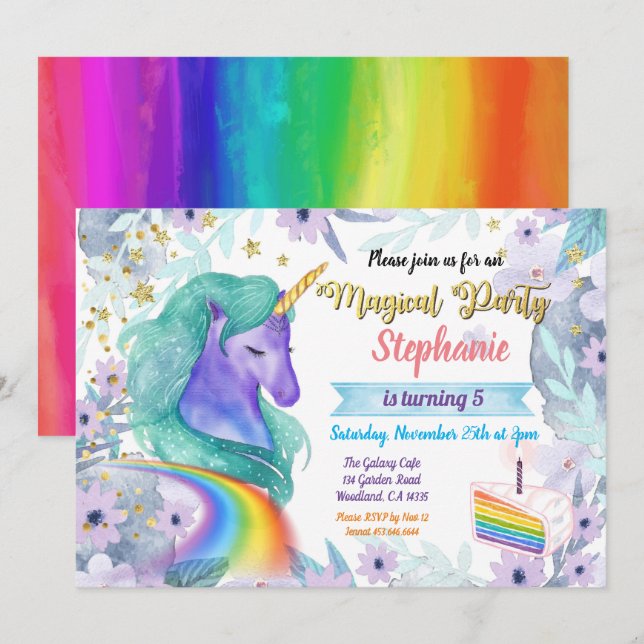 Unicorn birthday invitation. Magical rainbow cake Invitation (Front/Back)