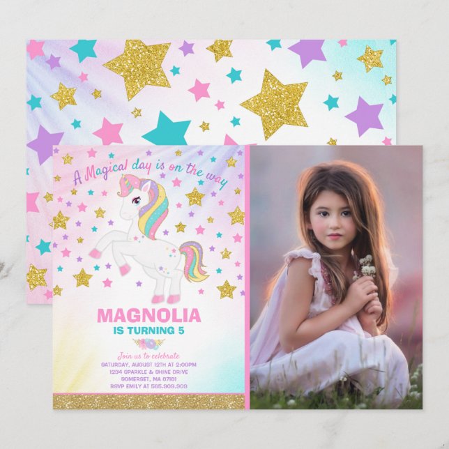 Unicorn Birthday Invitation Magical Unicorn Party (Front/Back)