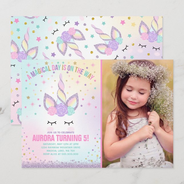 Unicorn Birthday Invitation Magical Unicorn Party (Front/Back)