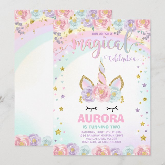 Unicorn Birthday Invitation Magical Unicorn Party (Front/Back)