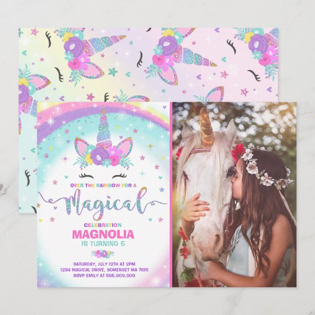 Unicorn Birthday Invitation Magical Unicorn Party (Front/Back)