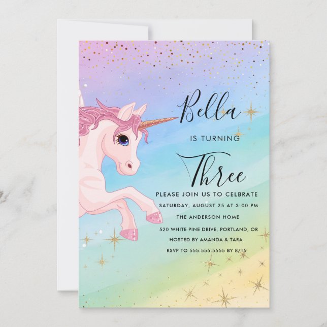 Unicorn Birthday Invitation Pastel Rainbow Party (Front)