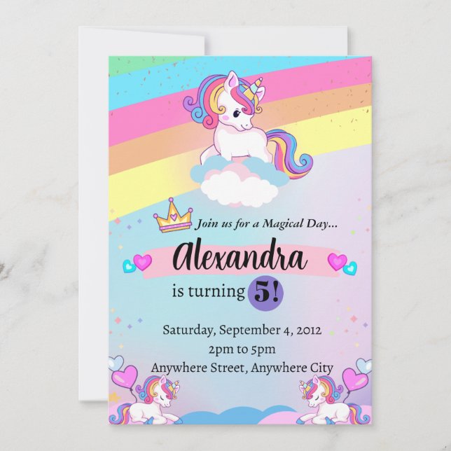 Unicorn Birthday Invitation Pastel Rainbow Party  (Front)