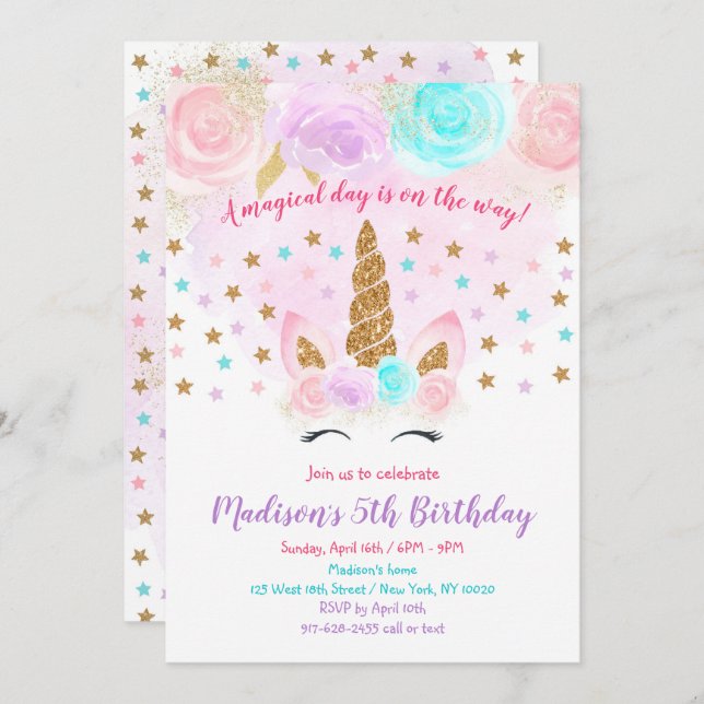 Unicorn Birthday Invitation Pink Gold Magical (Front/Back)