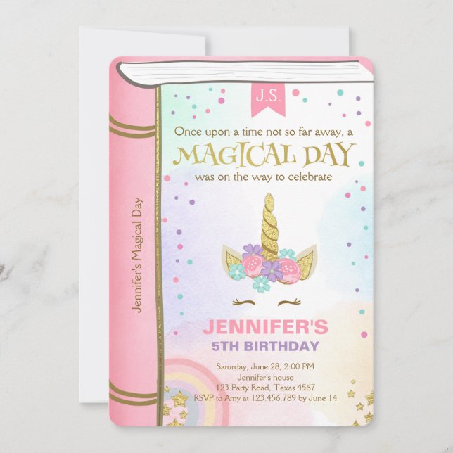 Unicorn Birthday Invitation Pink Gold Magical Book (Front)