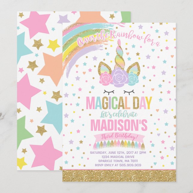 Unicorn Birthday Invitation Pink Gold Unicorn (Front/Back)