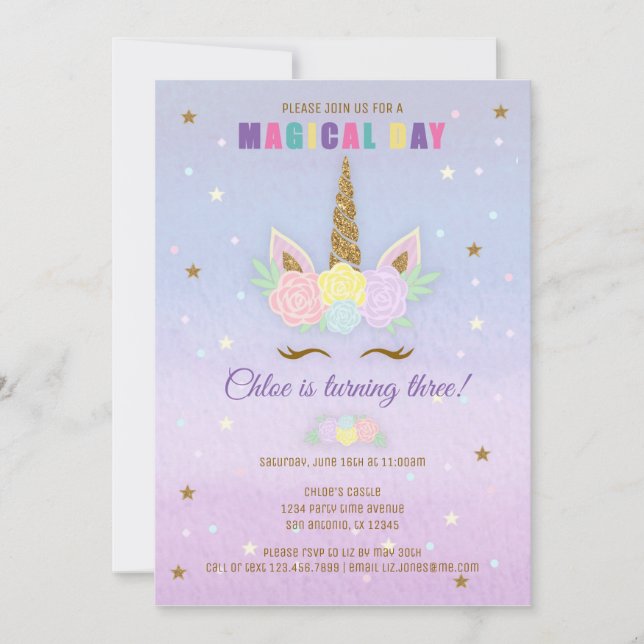 Unicorn Birthday Invitation Pink Purple Gold (Front)