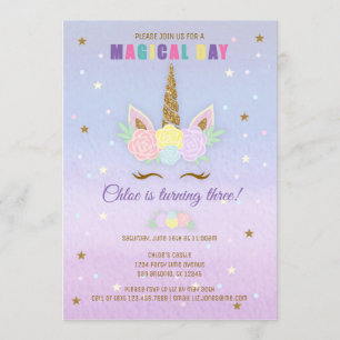 Unicorn Birthday Invitation Pink Purple Gold