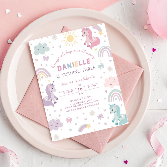 Unicorn Birthday Invitation Three. Pastel Party (Unicorn 3rd Birthday Invitation)