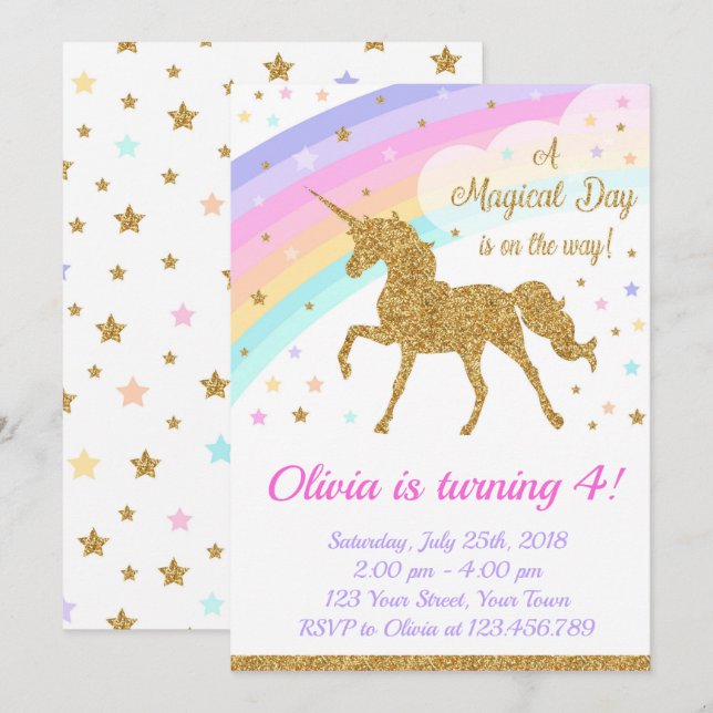 Unicorn Birthday Invitation, Unicorn Party Invitation (Front/Back)