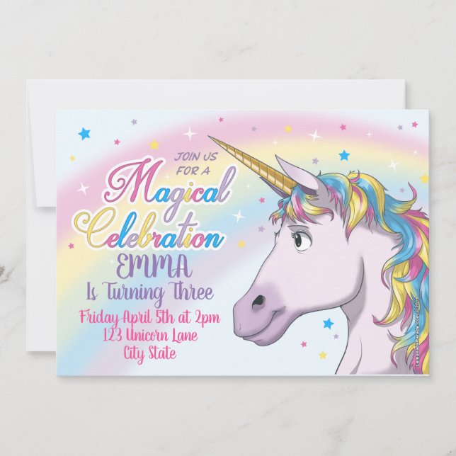 Unicorn Birthday Invitation, Unicorn Party Invite (Front)