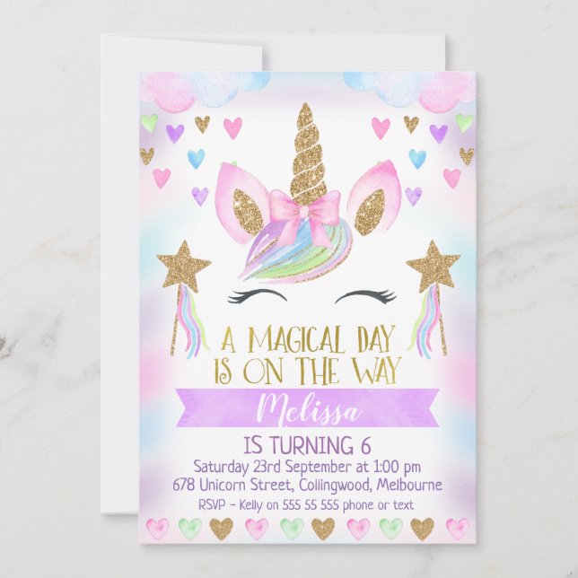 Unicorn Birthday Invitation With Glitter (Front)