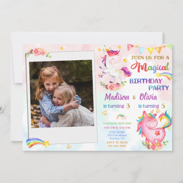 Unicorn birthday invitation with photo Magic party (Front)