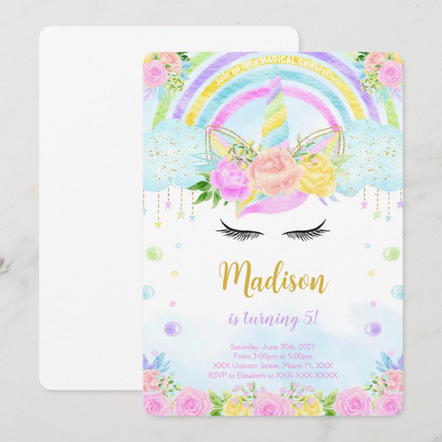 Unicorn Birthday Invitations (Front/Back)