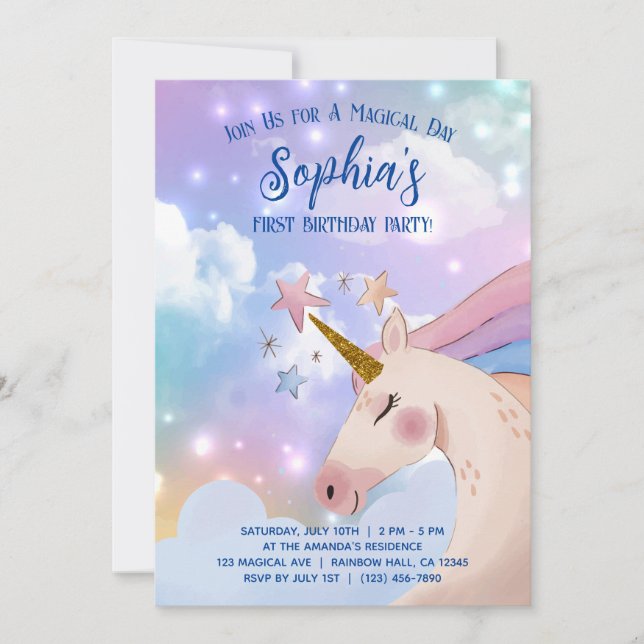 unicorn birthday invitations pink and purple (Front)