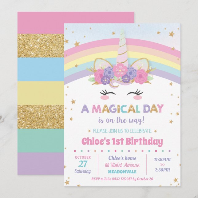 Unicorn Birthday Invitations Rainbow Girl (Front/Back)