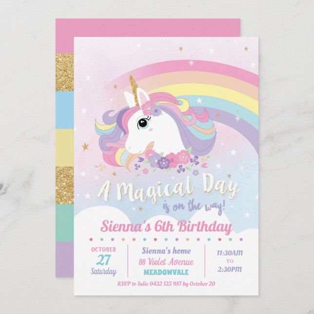 Unicorn Birthday Invitations Rainbow Girl (Front/Back)