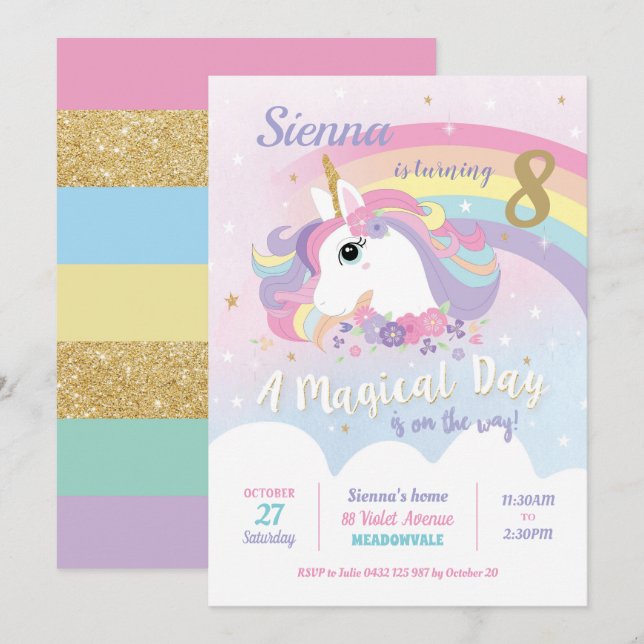 Unicorn Birthday Invitations Rainbow Girl (Front/Back)