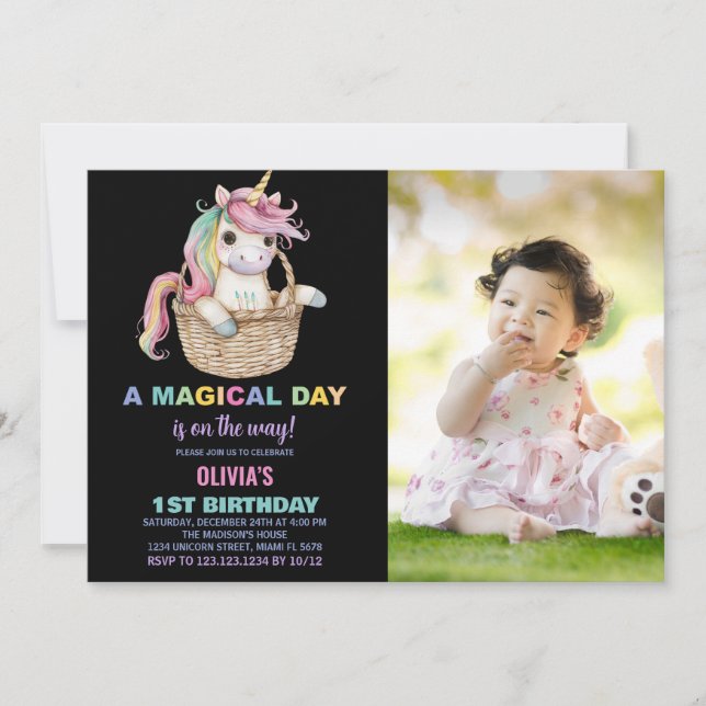 Unicorn Birthday Invitations with photo (Front)