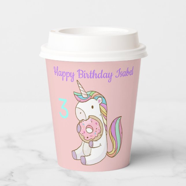 Unicorn Birthday Little Girl's Name & Age Sip Lids Paper Cups (Back)