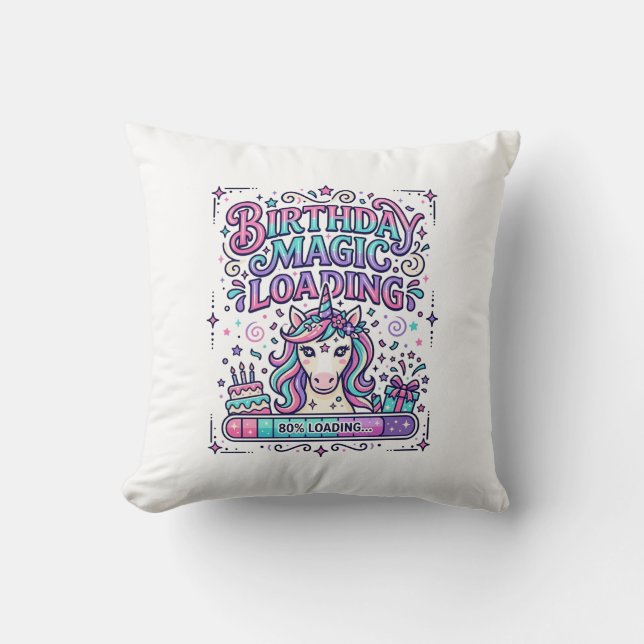Unicorn Birthday Magic Loading Colourful Marketpla Throw Pillow (Front)