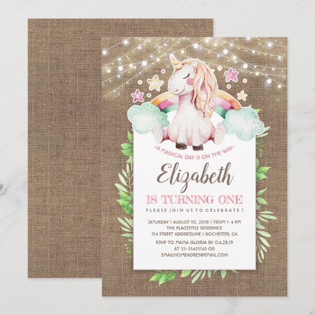 Unicorn Birthday | Magical and Rustic Invitation (Front/Back)