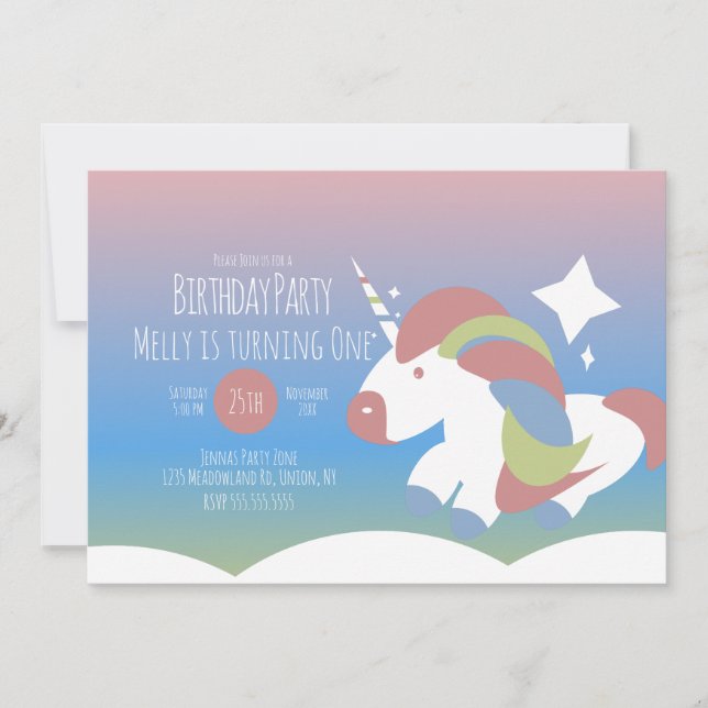 Unicorn Birthday Party Clouds Colourful Gradient  Invitation (Front)
