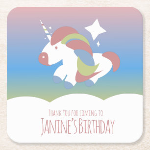 Unicorn Birthday Party Clouds Colourful Gradient   Square Paper Coaster